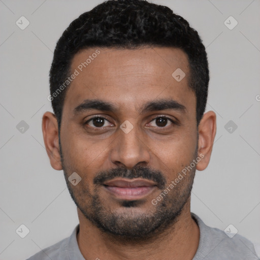 Neutral black young-adult male with short  black hair and brown eyes