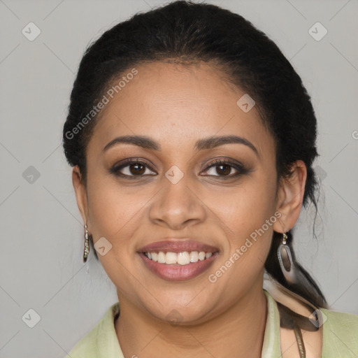 Joyful latino young-adult female with medium  brown hair and brown eyes