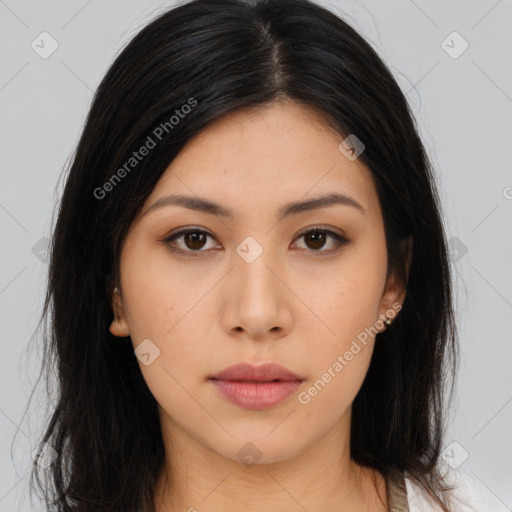 Neutral asian young-adult female with long  brown hair and brown eyes