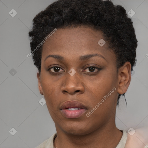 Neutral black young-adult female with short  black hair and brown eyes