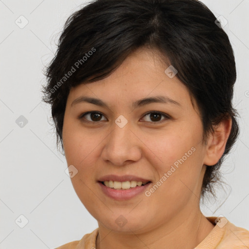 Joyful white young-adult female with medium  brown hair and brown eyes