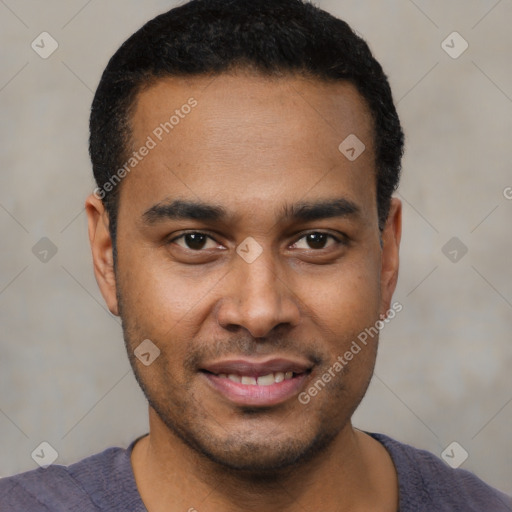 Joyful latino young-adult male with short  black hair and brown eyes