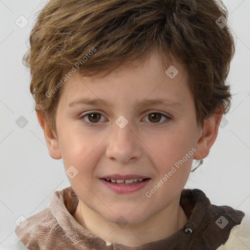 Joyful white child male with short  brown hair and brown eyes