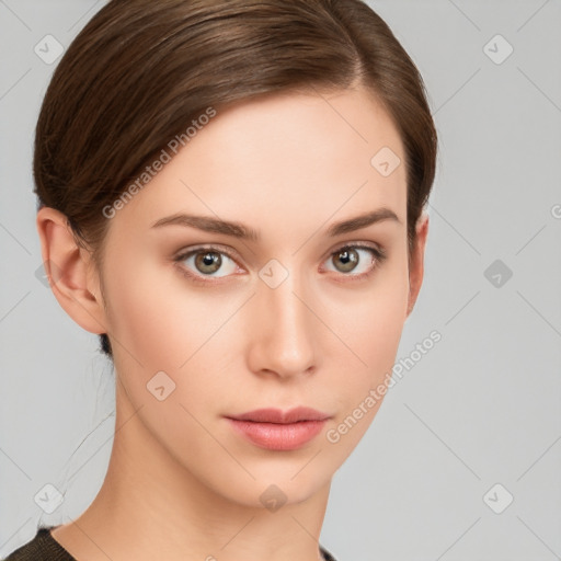 Neutral white young-adult female with short  brown hair and brown eyes