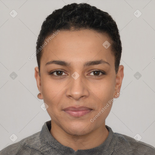 Neutral latino young-adult female with short  black hair and brown eyes