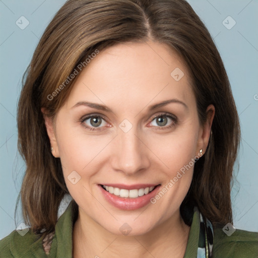 Joyful white young-adult female with medium  brown hair and green eyes