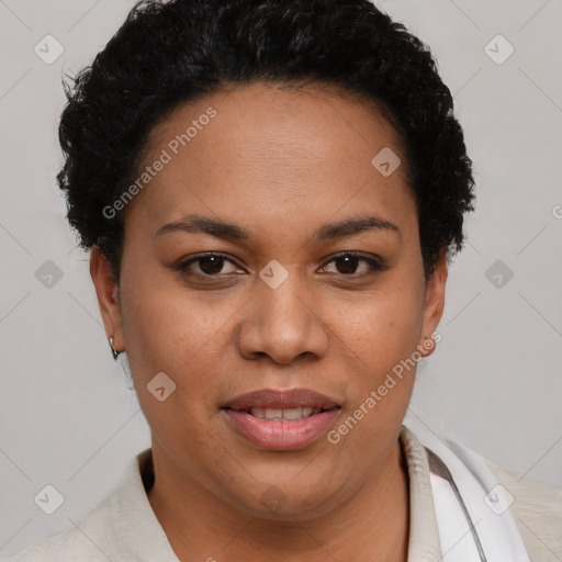 Joyful latino young-adult female with short  brown hair and brown eyes
