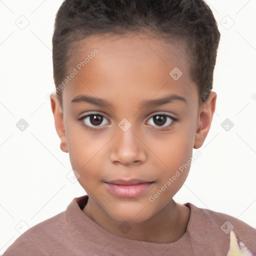 Joyful white child female with short  brown hair and brown eyes