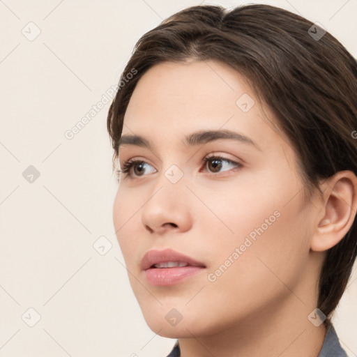 Neutral white young-adult female with short  brown hair and brown eyes