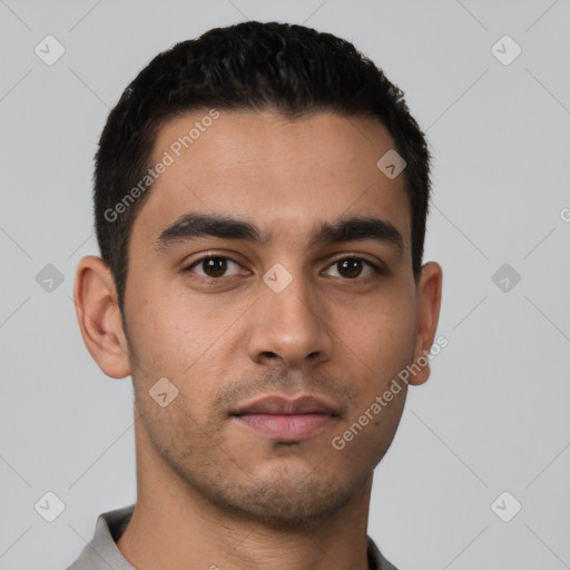 Neutral latino young-adult male with short  black hair and brown eyes