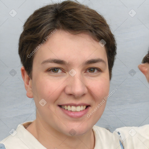 Joyful white young-adult female with short  brown hair and brown eyes