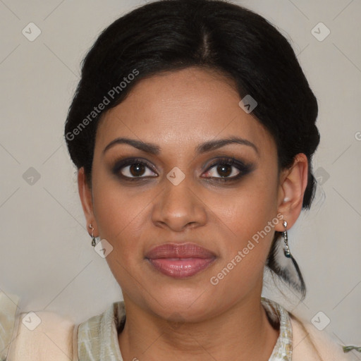 Joyful latino young-adult female with medium  brown hair and brown eyes