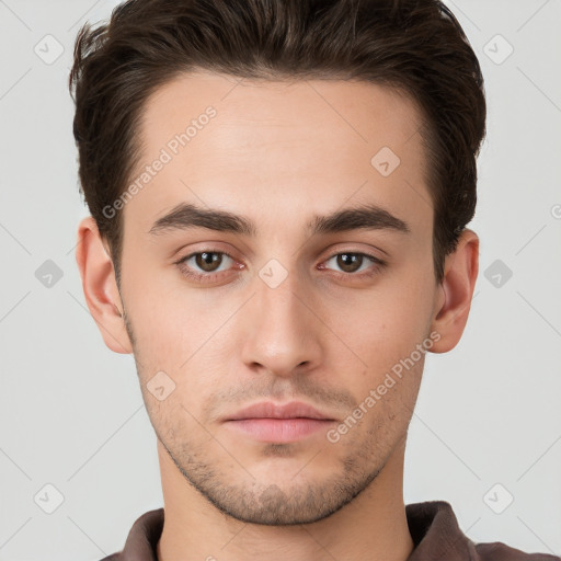 Neutral white young-adult male with short  brown hair and brown eyes