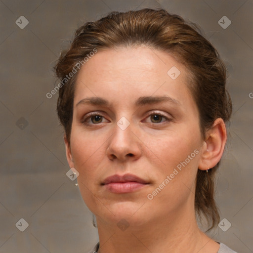 Neutral white young-adult female with medium  brown hair and brown eyes