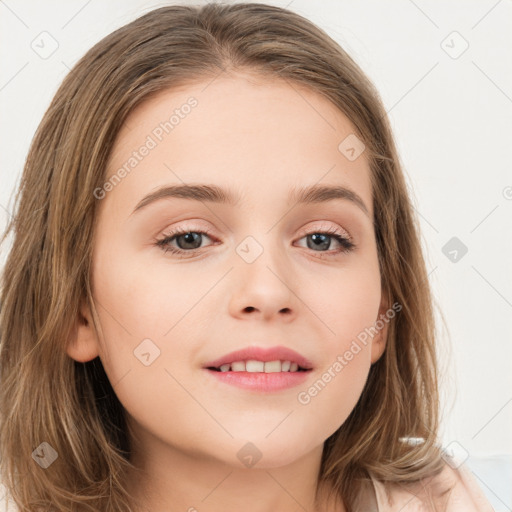 Joyful white child female with long  brown hair and brown eyes