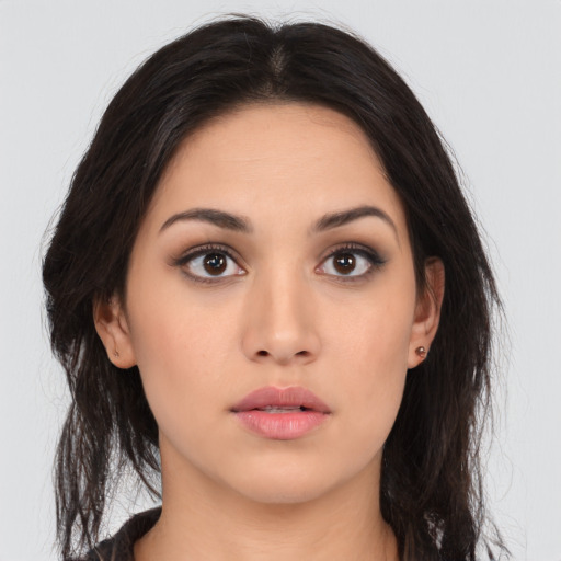 Neutral asian young-adult female with long  brown hair and brown eyes