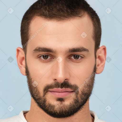 Neutral white young-adult male with short  brown hair and brown eyes