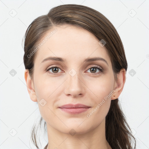 Joyful white young-adult female with long  brown hair and grey eyes