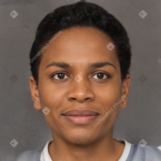 Joyful black young-adult female with short  brown hair and brown eyes