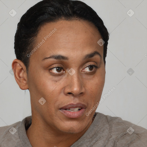 Neutral latino young-adult female with short  brown hair and brown eyes