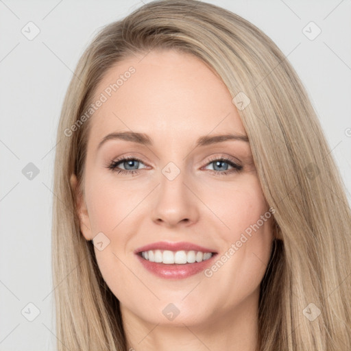 Joyful white young-adult female with long  brown hair and grey eyes