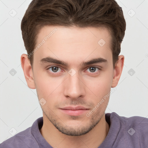 Neutral white young-adult male with short  brown hair and grey eyes