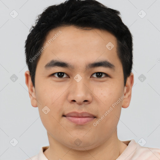 Joyful asian young-adult male with short  black hair and brown eyes