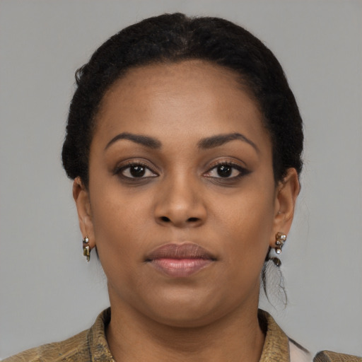 Neutral black young-adult female with short  brown hair and brown eyes