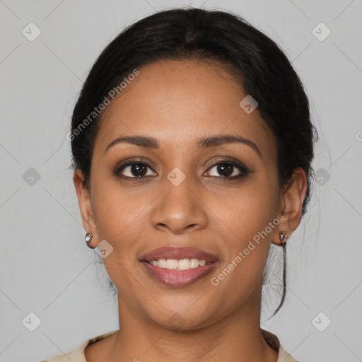 Joyful latino young-adult female with medium  brown hair and brown eyes