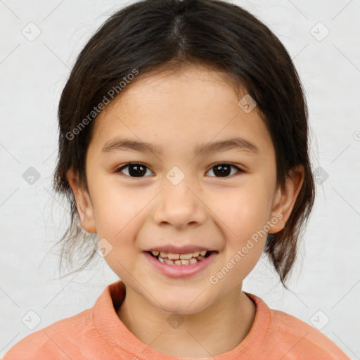 Joyful white child female with medium  brown hair and brown eyes