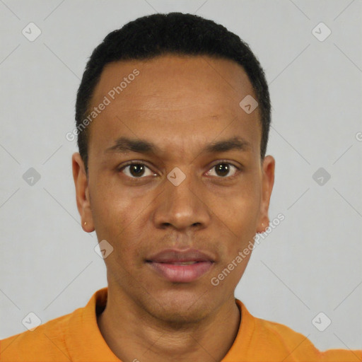 Neutral black young-adult male with short  black hair and brown eyes
