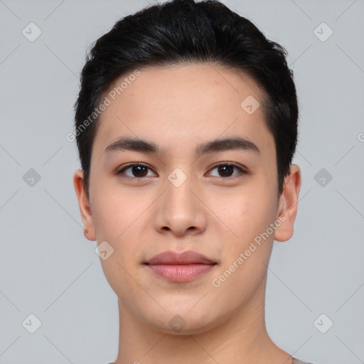 Joyful asian young-adult male with short  black hair and brown eyes