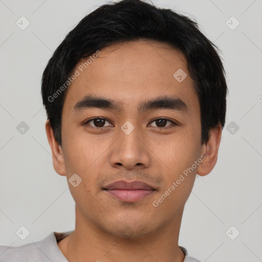 Neutral asian young-adult male with short  black hair and brown eyes