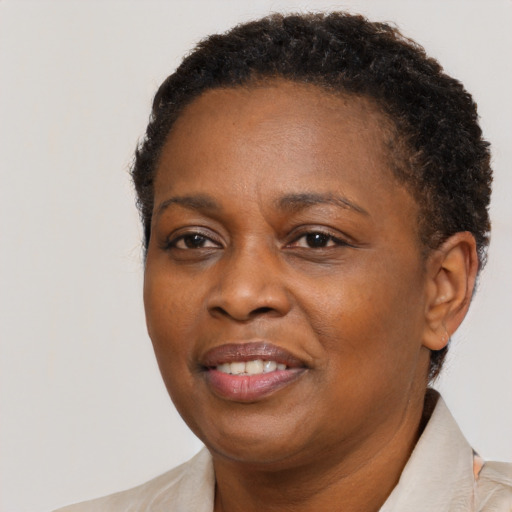 Joyful black adult female with short  brown hair and brown eyes