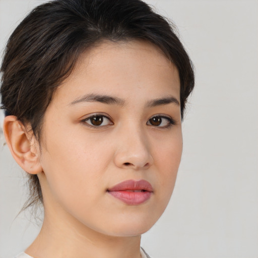 Neutral white young-adult female with medium  brown hair and brown eyes