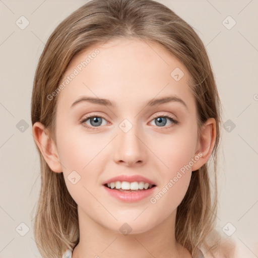 Joyful white young-adult female with medium  brown hair and green eyes