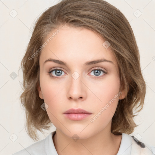 Neutral white young-adult female with medium  brown hair and grey eyes