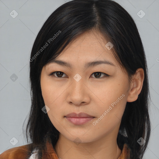 Neutral asian young-adult female with medium  brown hair and brown eyes