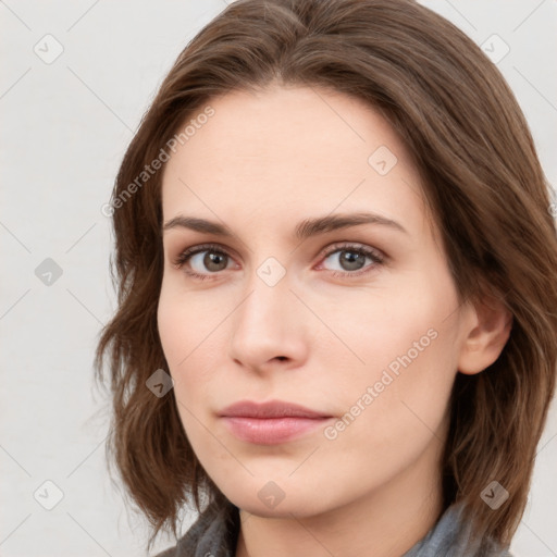 Neutral white young-adult female with medium  brown hair and blue eyes