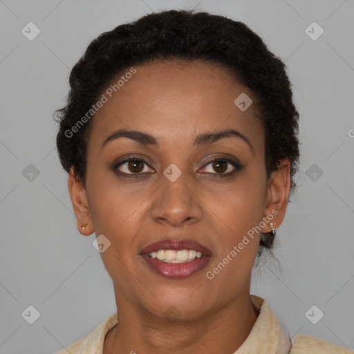 Joyful latino young-adult female with short  brown hair and brown eyes