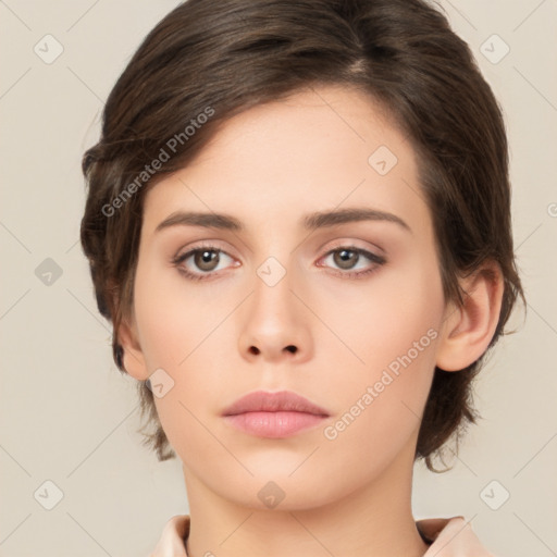 Neutral white young-adult female with medium  brown hair and brown eyes