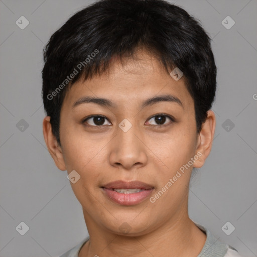 Joyful asian young-adult female with short  brown hair and brown eyes