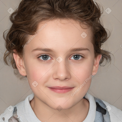 Joyful white child female with medium  brown hair and blue eyes