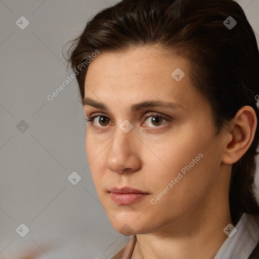 Neutral white young-adult female with short  brown hair and brown eyes