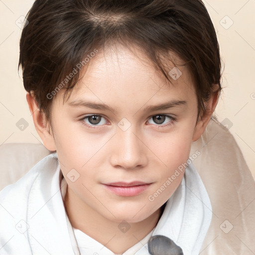 Joyful white child female with medium  brown hair and brown eyes