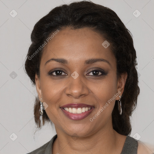 Joyful black young-adult female with medium  brown hair and brown eyes