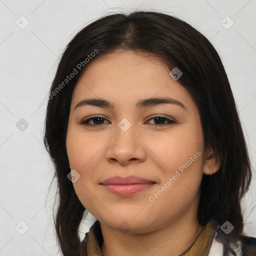 Joyful latino young-adult female with medium  brown hair and brown eyes