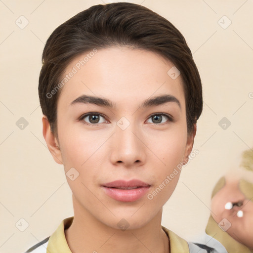 Neutral white young-adult female with short  brown hair and brown eyes