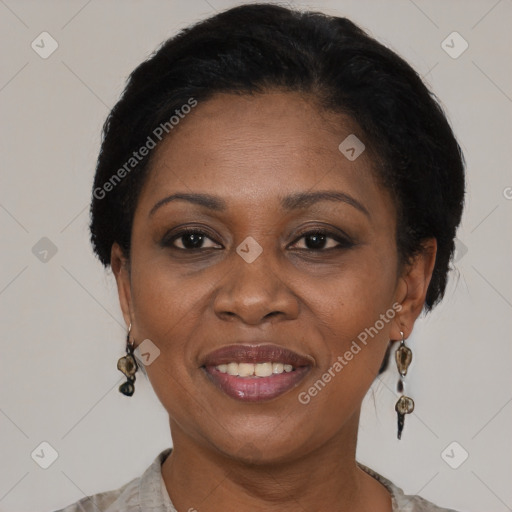 Joyful black adult female with medium  brown hair and brown eyes