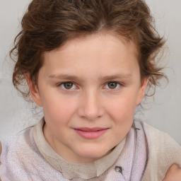 Joyful white child female with medium  brown hair and blue eyes